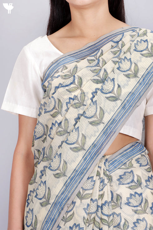 Kota Doria Saree In Floral Block Print